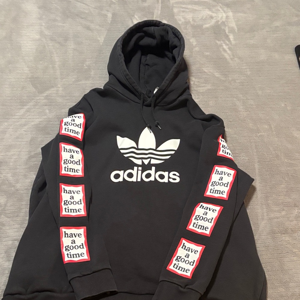 Adidas Black Hoodie with White Logo and Red Accents